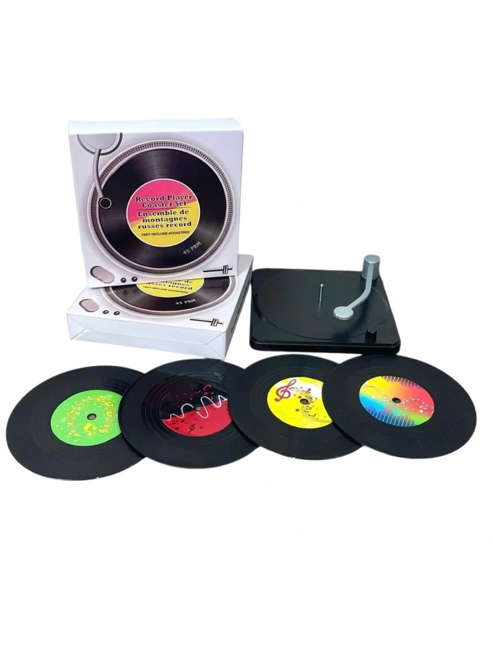 Mini Record Player coaster set with turntable and 4 vinyl record shaped coasters